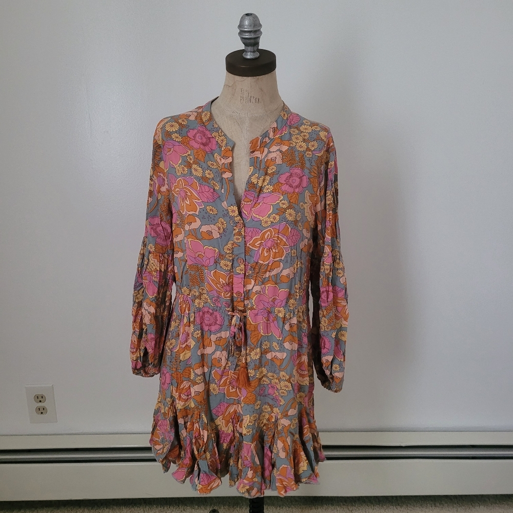 Aakaa S Long Sleeve Floral 70s Print Mini Dress Tassels Bohemian Resortwear